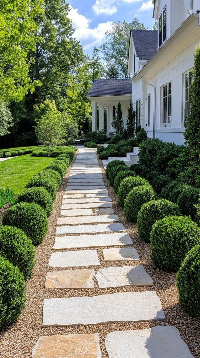 7. Sleek modern stone pavers with manicured shrubs-1