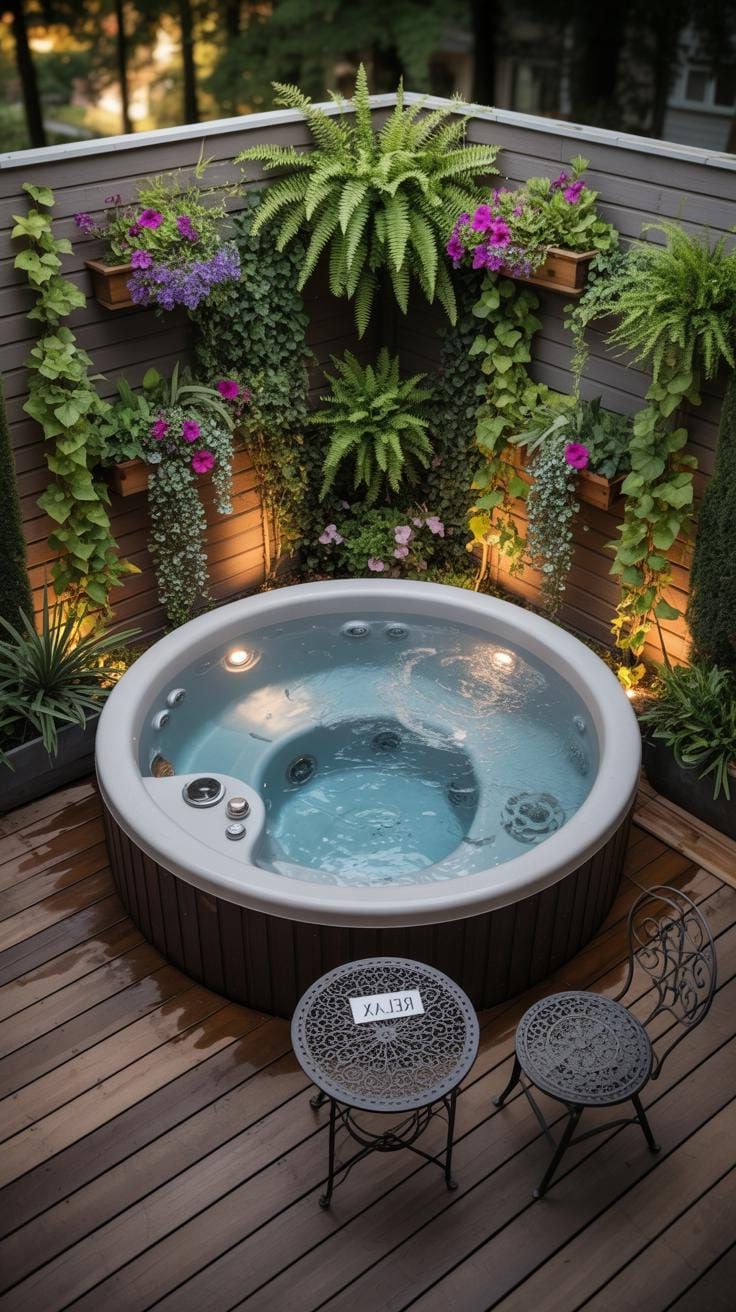 Escape to Paradise: Discover 31 Stunning Hot Tub Ideas for Your Backyard Oasis 74 24. Compact corner hot tub surrounded by vertical garden-2