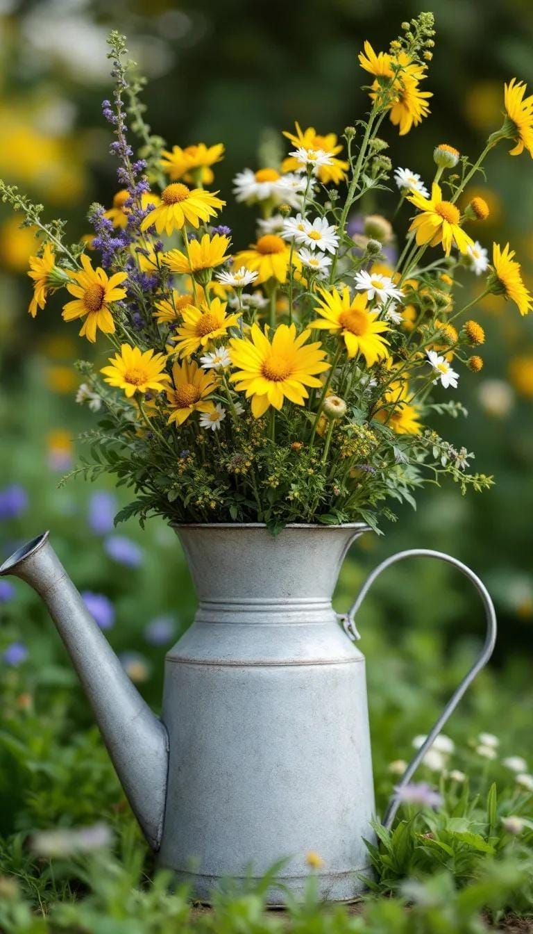 29 Charming Vintage Garden Decor Ideas: Embrace Rustic Beauty Outdoors 57 26. Antique milk can with tall wildflowers-2