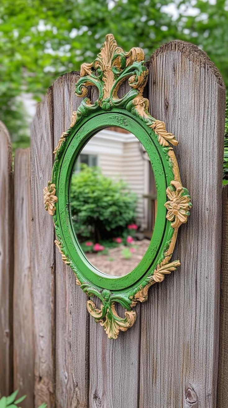 37 Magical Garden Ideas for a Whimsical Backyard 15 6. Upcycled mirror frame on garden fence-0