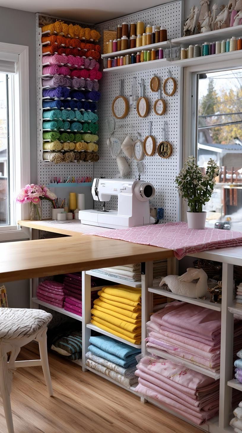 25 Craft Room Inspiring Ideas for Organization & Decor! 56 21. Bright sewing room with pegboard and embroidery hoops-1