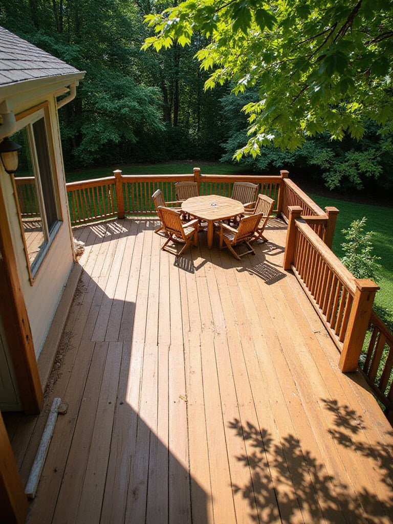 20 Luxurious Ideas for Your Outdoor Oasis 2 Classic wooden deck extending into a lush green garden, featuring comfortable outdoor furniture.