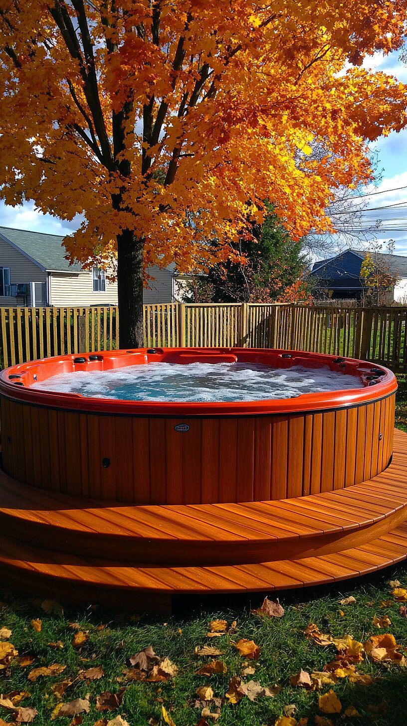 20+ Unique Above Ground Pool Ideas 2025 2 A hot tub integrated into a wooden deck, surrounded by vibrant autumn foliage, symbolizing a personal backyard retreat for relaxation during cool months.