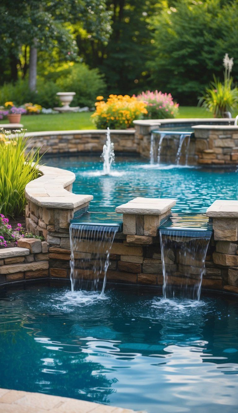 17 Creative Decorating Ideas 15 A pool deck with cascading waterfalls, bubbling fountains, and a tranquil pond surrounded by lush greenery and colorful flowers