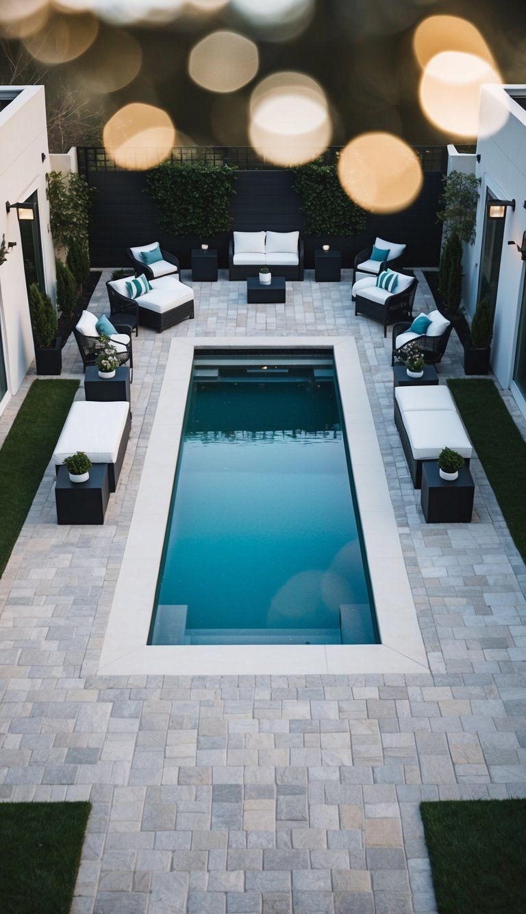 17 Creative Decorating Ideas 11 Pavers arranged in a geometric pattern around a sleek pool, with modern furniture and minimalist decor creating a stylish and inviting outdoor space