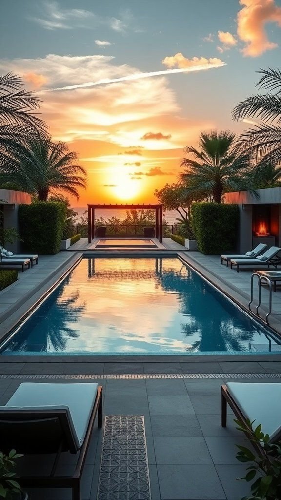 A luxurious rectangular swimming pool surrounded by palm trees and lounge chairs, reflecting a beautiful sunset.