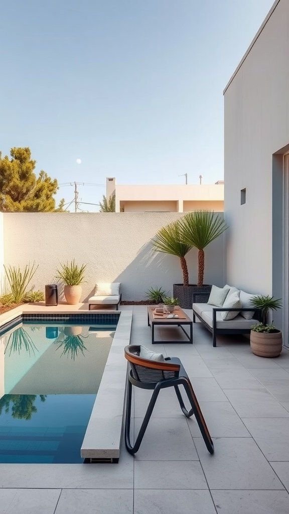 A modern small backyard pool design featuring a rectangular pool, comfortable sitting area with a sofa, and potted plants.