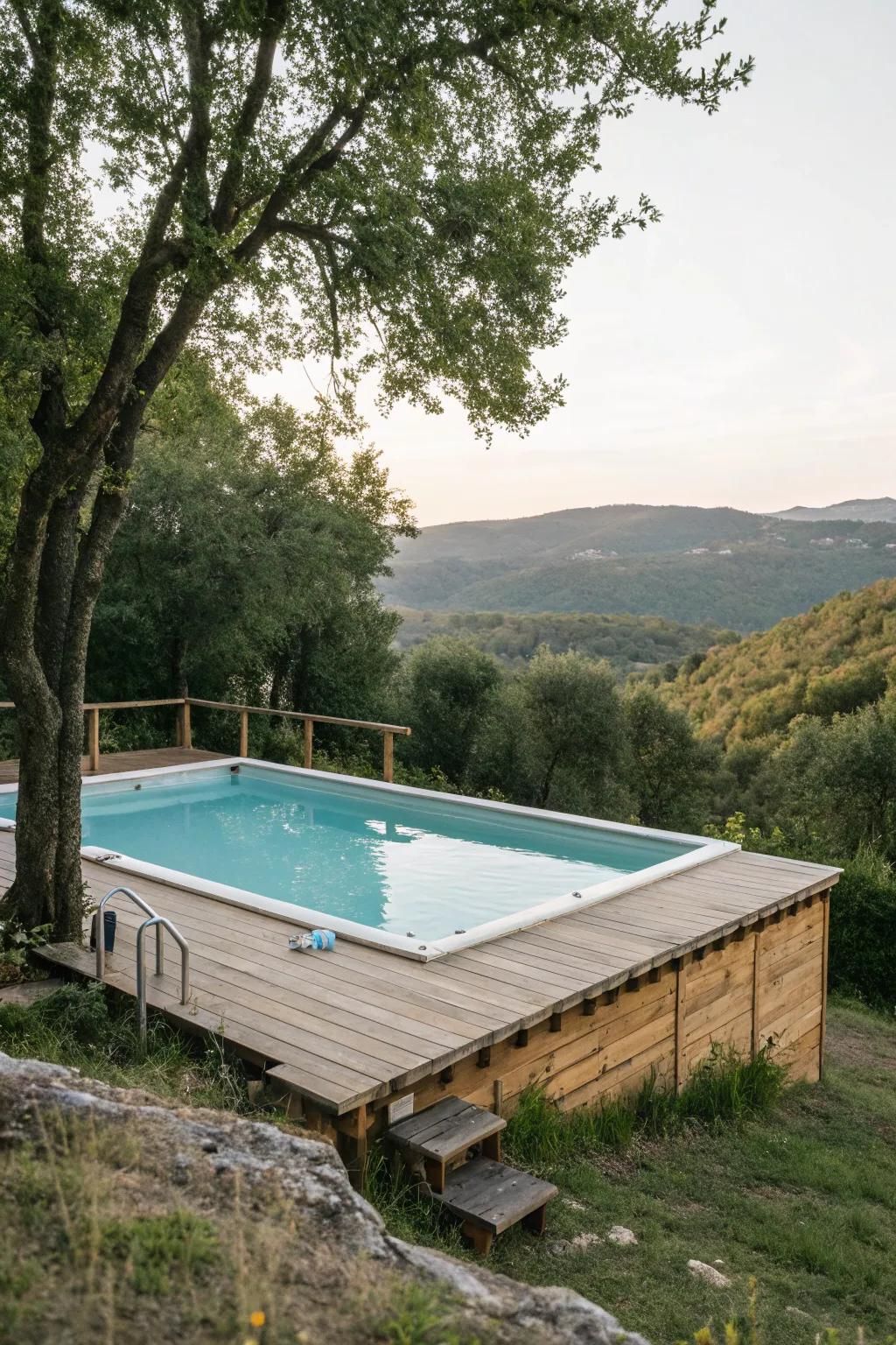 A wooden platform creates an elevated, whimsical pool setting.