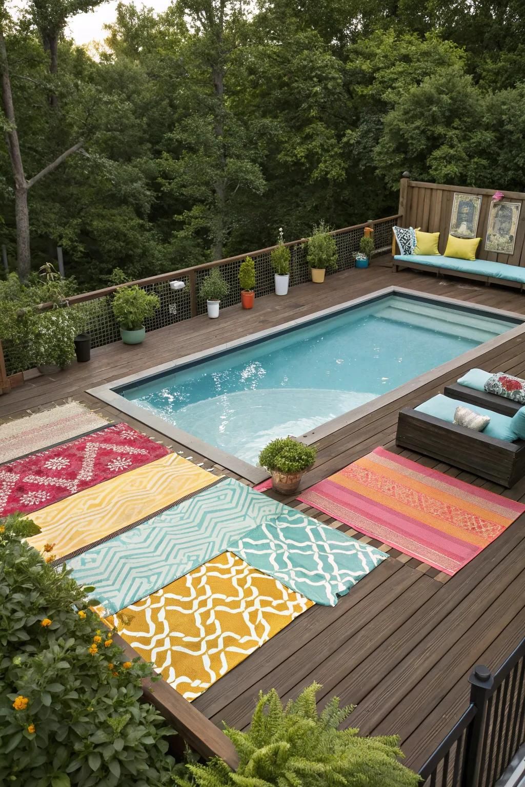 Outdoor rugs provide an easy way to add color and comfort to your pool deck.