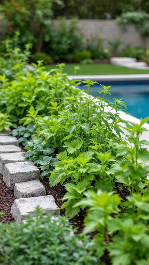 A well-maintained edible garden with green plants and stone pathway next to a swimming pool.
