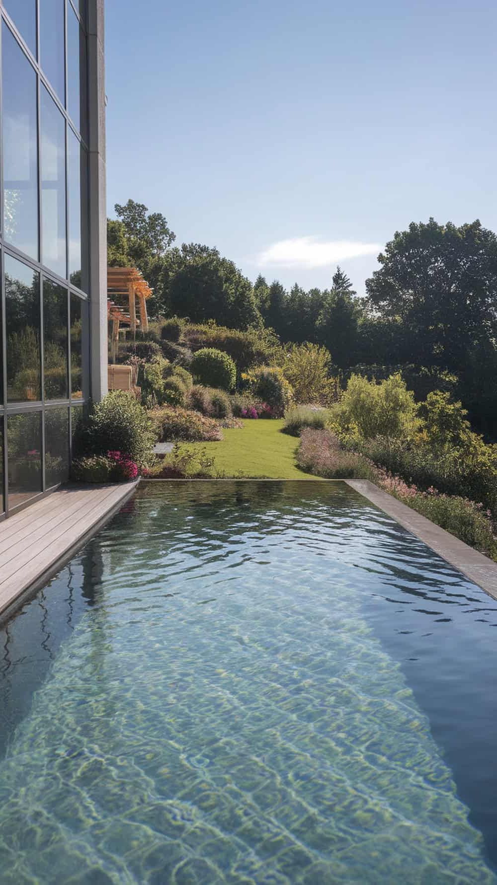 A mini infinity pool overlooking a lush garden with vibrant plants