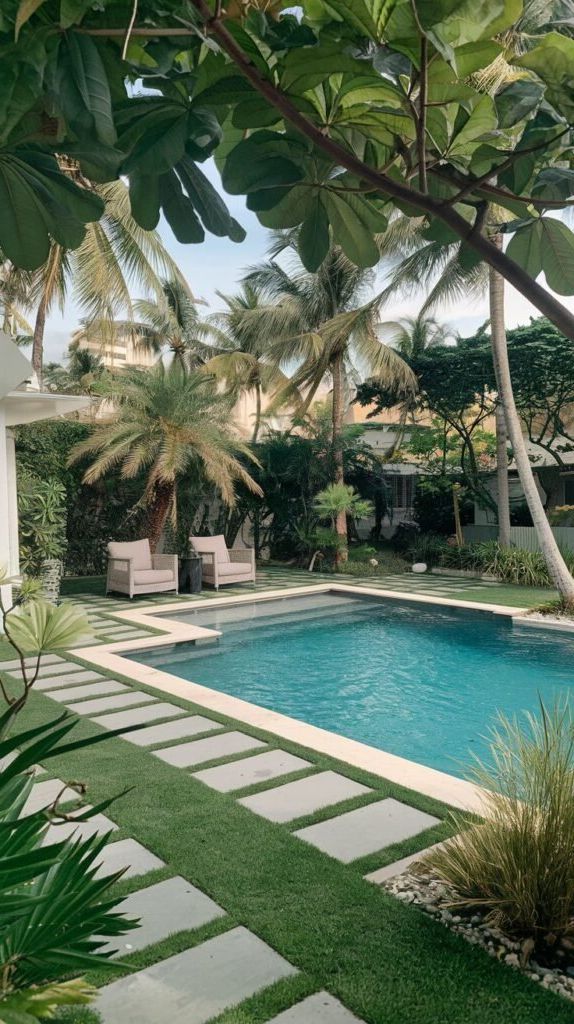 A rectangular pool with white coping is set in a tropical-looking backyard. Square grey stepping stones are placed in the grass leading away from the pool. Palm trees and lush green foliage surround the pool area. Two outdoor chairs are visible in the background.