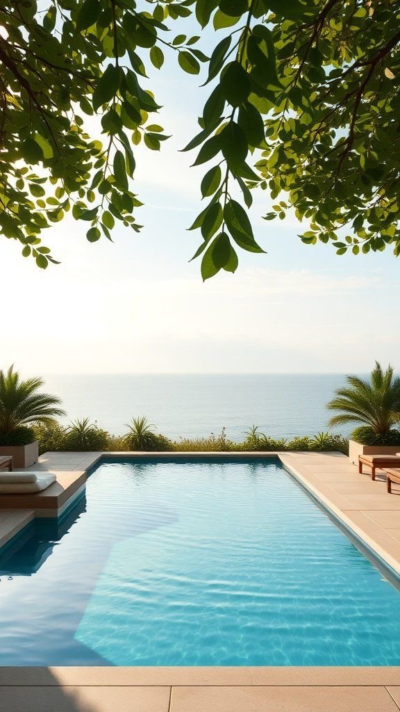 A serene rectangular swimming pool with clear water, surrounded by greenery and overlooking the ocean.