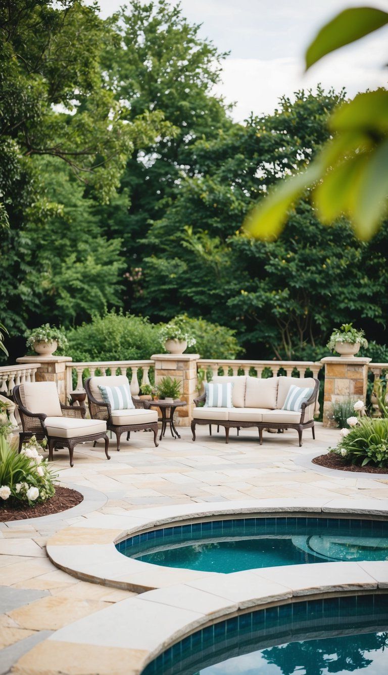 17 Creative Decorating Ideas 7 A pool deck adorned with natural stone, surrounded by lush greenery and classic outdoor furniture