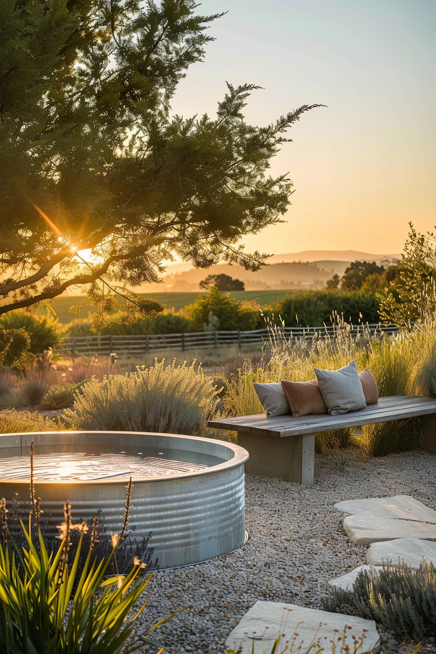 10 Dreamy Stock Tank Pool Bench Ideas 66 A serene garden at sunset with a bench, pillows, stepping stones, and a round metal tub amidst lush vegetation.