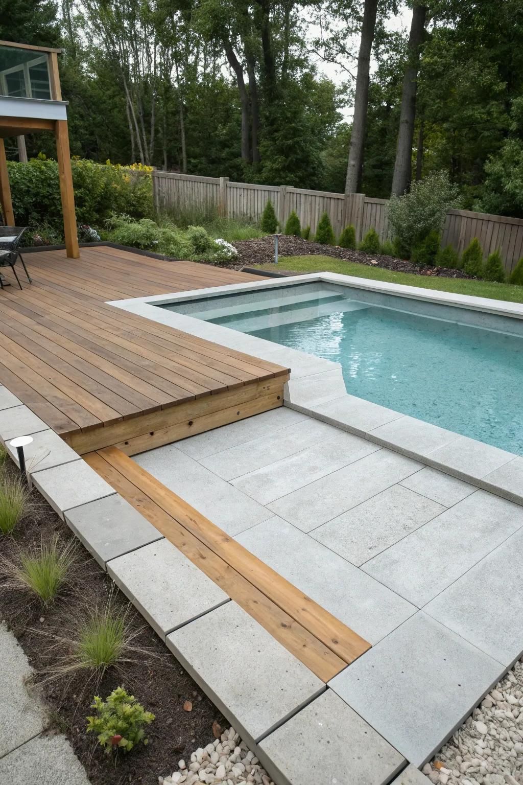 Concrete and wood create a striking, modern aesthetic for your pool area.