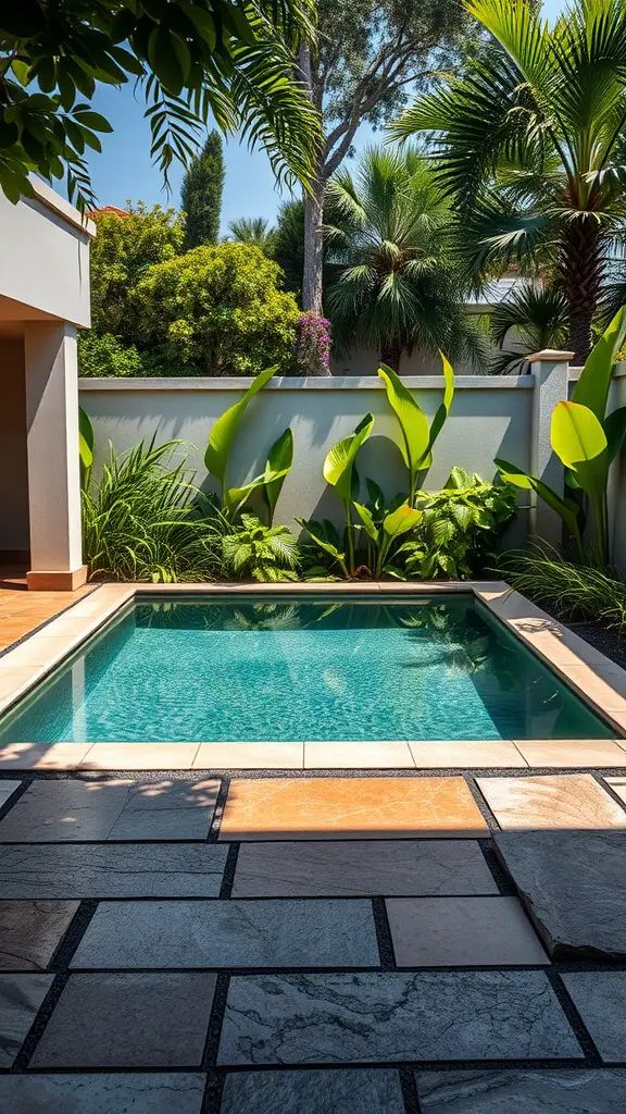 A small, rectangular swimming pool surrounded by lush tropical plants and palm trees, with a stone-tiled patio in the foreground and a light-colored wall enclosing the area.