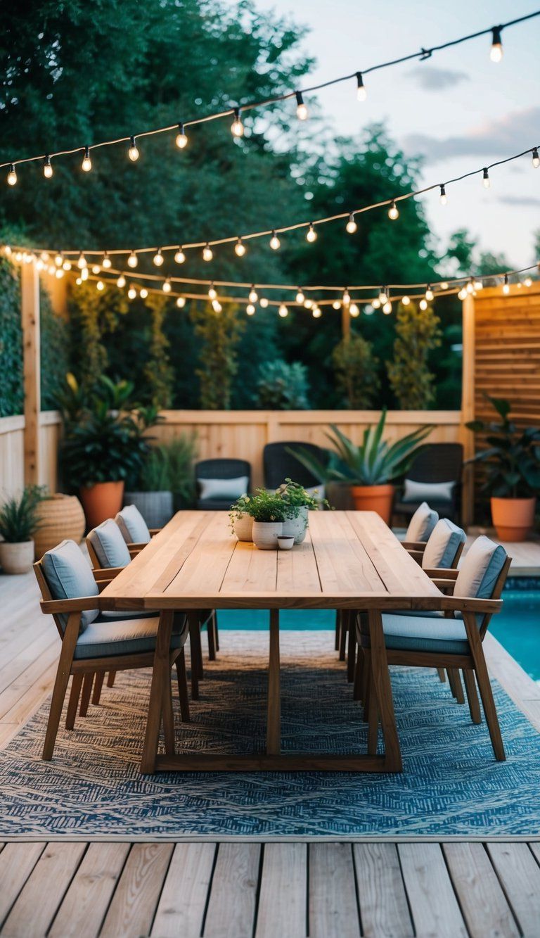 17 Creative Decorating Ideas 13 A cozy outdoor dining area with a large wooden table surrounded by comfortable chairs, set on a stylish pool deck with string lights and potted plants