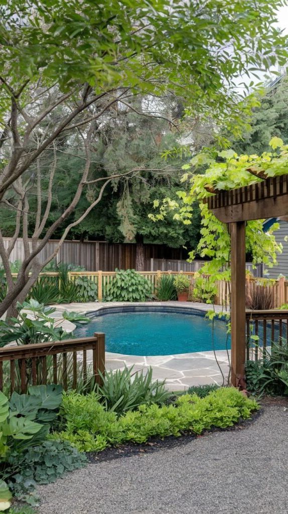 A dark-bottomed pool with stone coping is nestled in a lush backyard. A wooden pergola covered in vines stands in the foreground, and a gravel path leads toward the pool area, which features a wooden fence and various plants.
