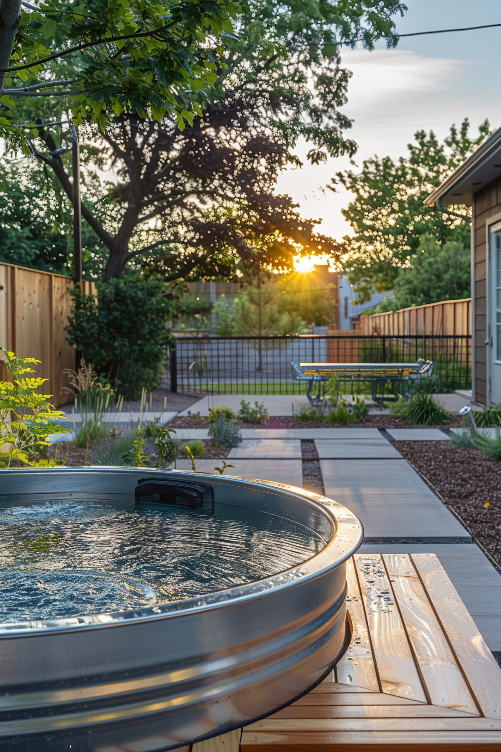 10 Dreamy Stock Tank Pool Bench Ideas 100 Sunset view from a backyard with a hot tub in the foreground, wooden deck, and a bench overlooking a fenced garden.