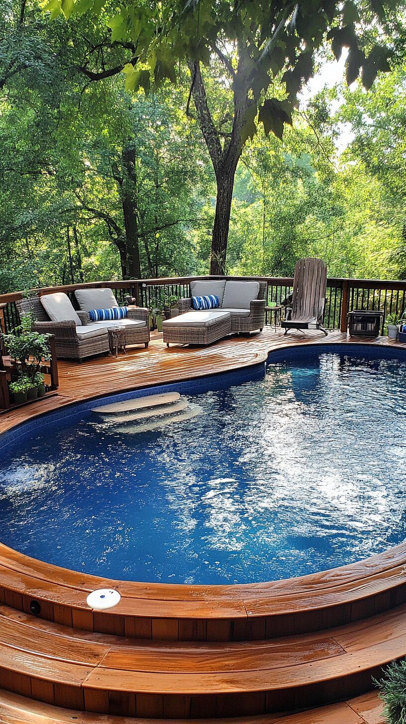 20+ Unique Above Ground Pool Ideas 2025 10 A secluded round pool surrounded by a wooden deck, nestled amidst lush greenery, creating a serene and private ambiance ideal for relaxation.