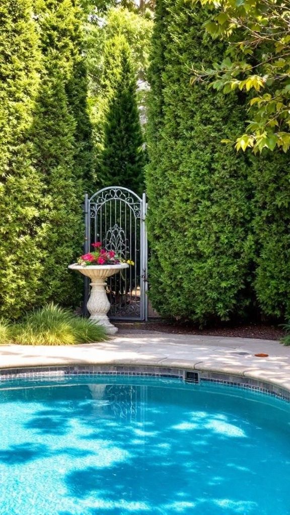 A private backyard with tall hedges surrounding a pool and a decorative gate.