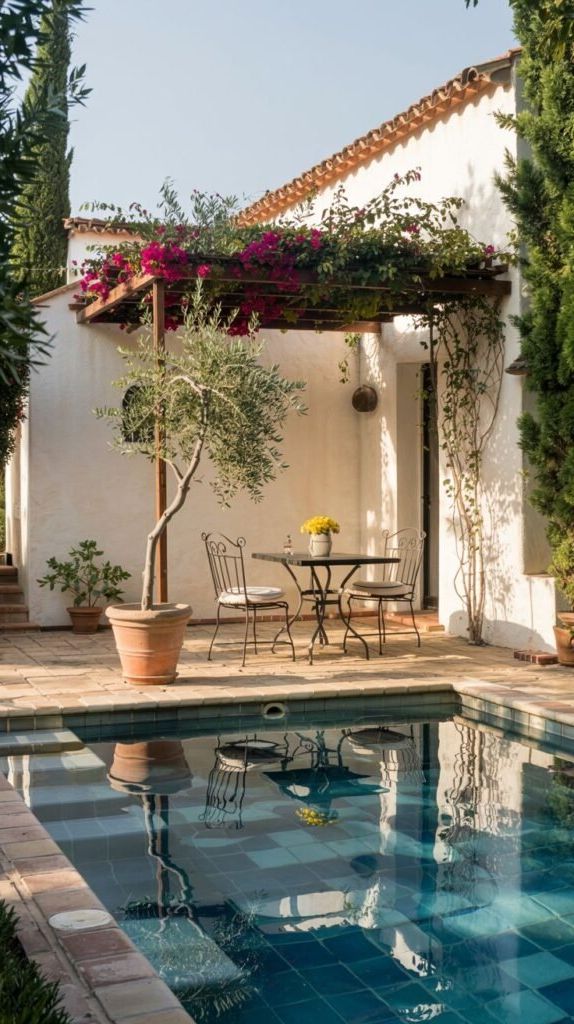 A small rectangular pool with blue and patterned tiles on the floor is set in a courtyard. A small round table with chairs is placed next to the pool under a wooden pergola covered in vines with pink flowers. An olive tree in a pot is also by the table. A white stucco building is in the background.
