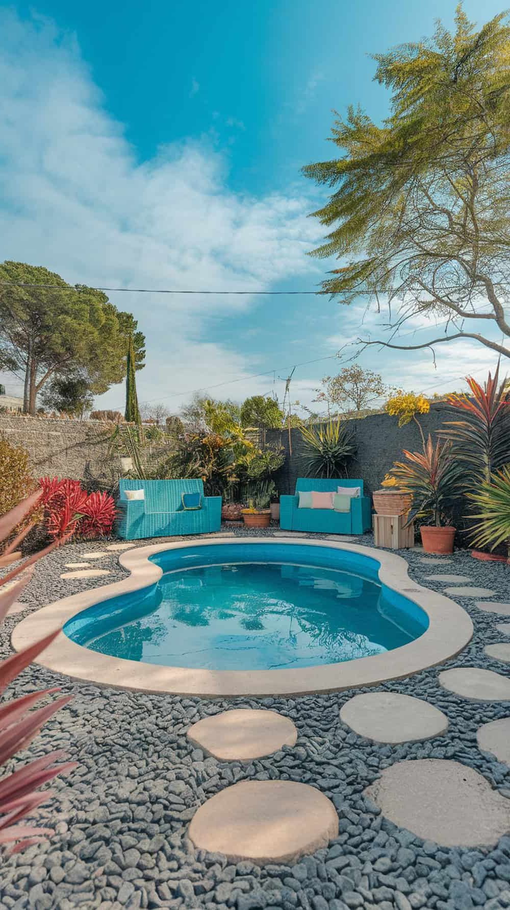 A sunken pool surrounded by gravel and colorful plants with blue chairs nearby.