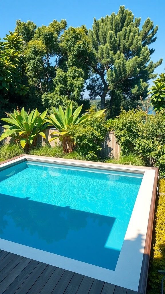 A serene above-ground rectangular swimming pool surrounded by lush greenery and a clear blue sky.