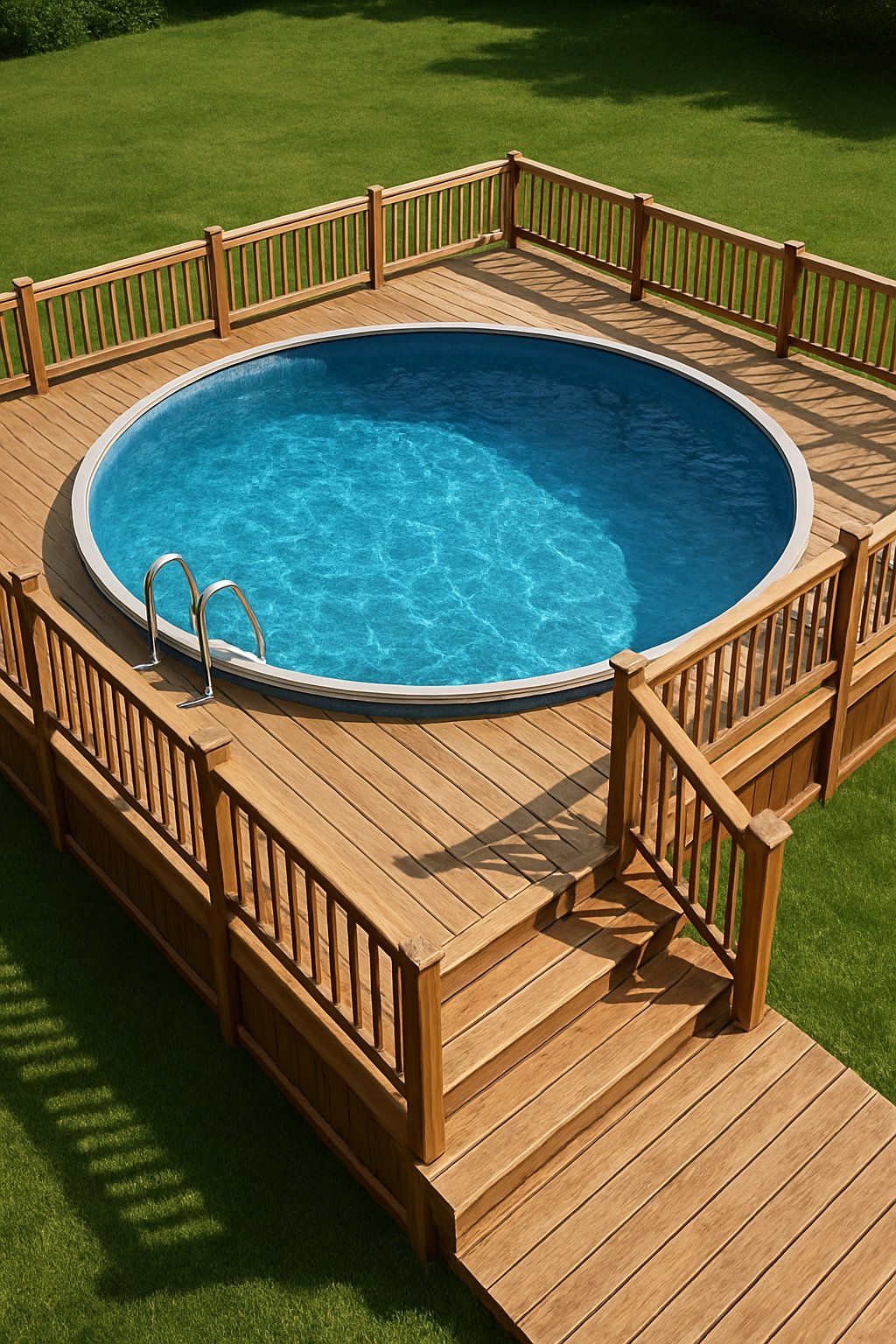 24 Inspiring Pool Deck Designs 5 Aerial view of wooden decks with railings surrounding above ground pool in backyard of house