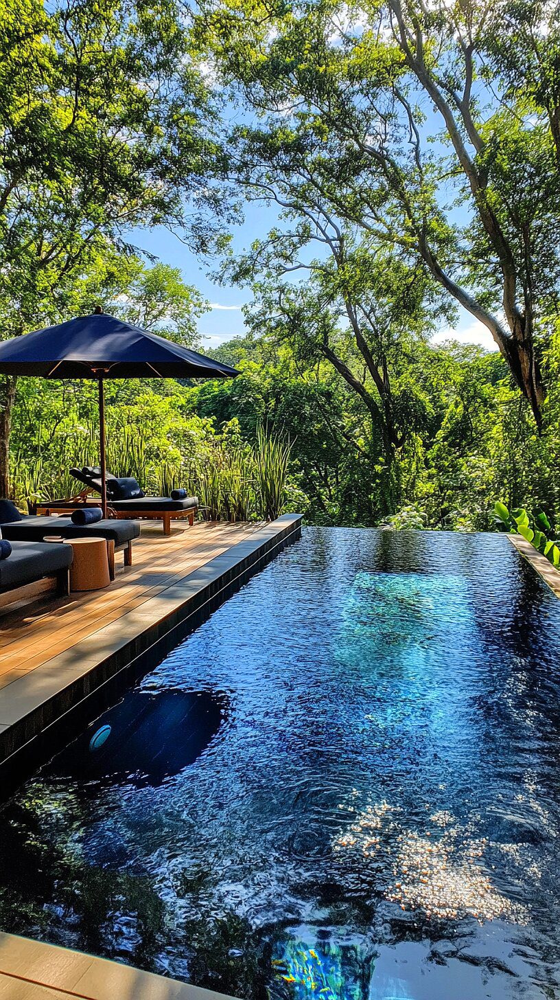 20+ Unique Above Ground Pool Ideas 2025 12 A luxurious outdoor setting featuring an infinity pool surrounded by lush greenery, sun loungers under an umbrella, and sunlight filtering through the trees, creating a tranquil and exotic ambiance.
