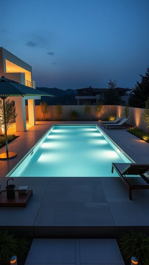 A sleek, illuminated rectangular swimming pool in a modern backyard setting at night.