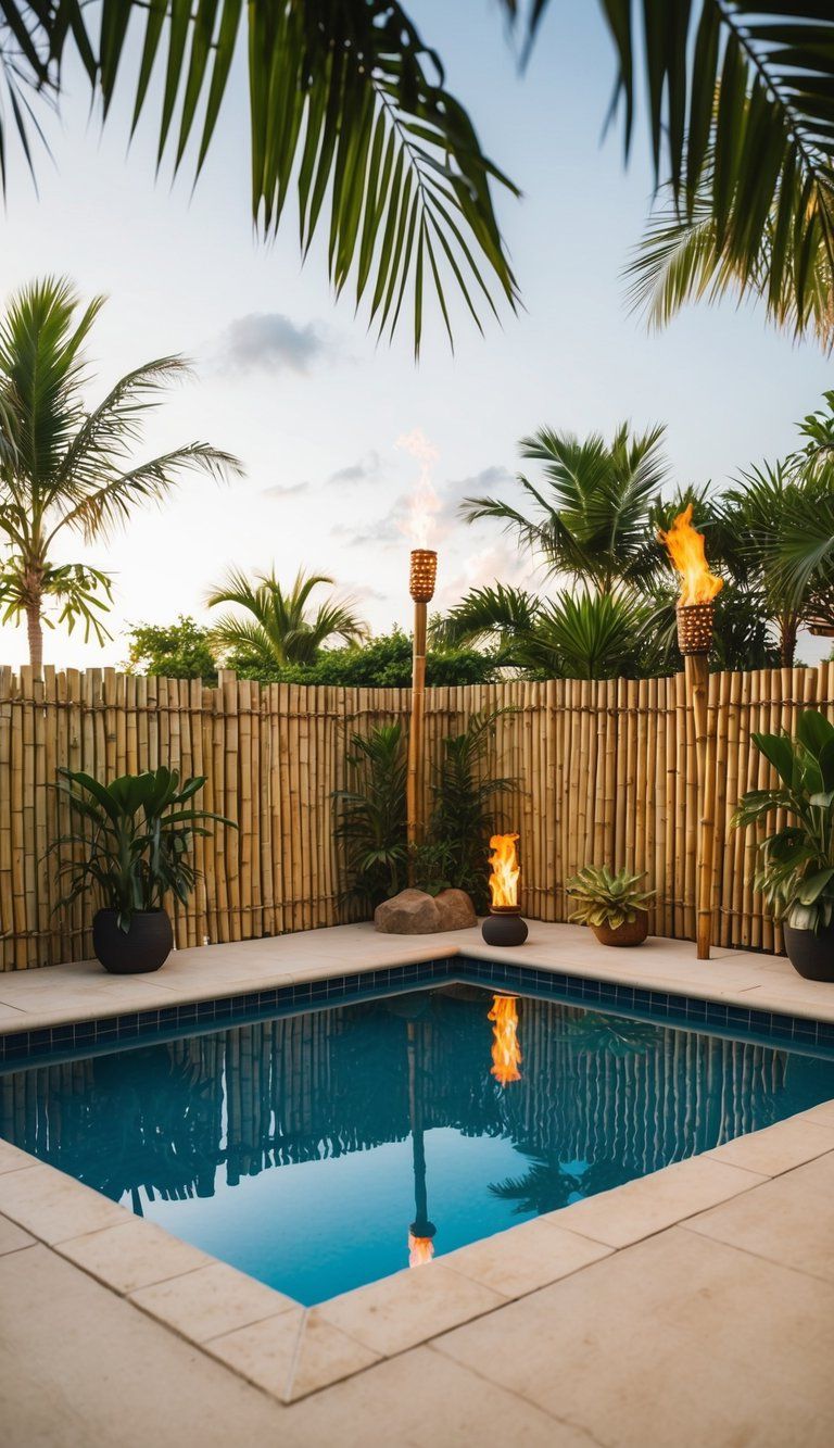 17 Creative Decorating Ideas 2 A pool deck adorned with bamboo fencing, tiki torches, and tropical plants, creating a relaxing and exotic ambiance