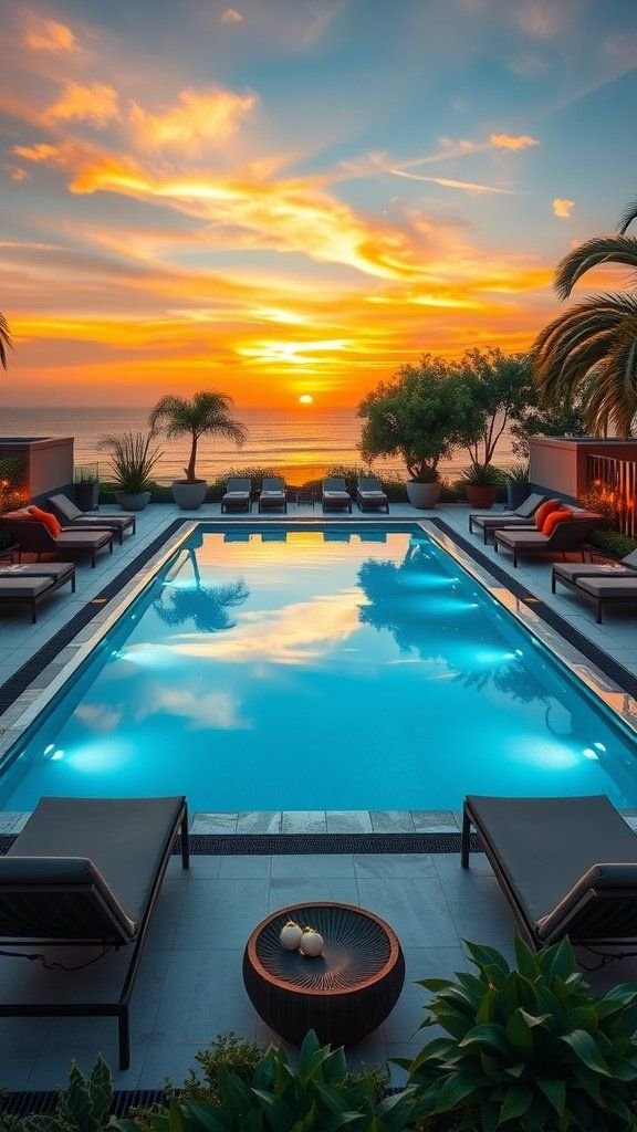 A modern rectangular swimming pool at sunset, surrounded by lounge chairs and tropical plants.
