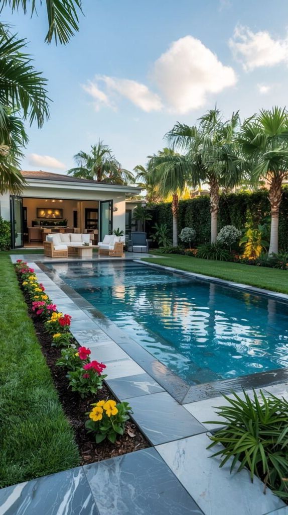 A long, rectangular pool is surrounded by grey stone coping and a grassy lawn. Lush landscaping, including tall palm trees and colorful flowers in red and yellow, lines the pool and a back hedge. A patio area with outdoor seating is visible beyond the pool, accessed through open glass doors to a building.