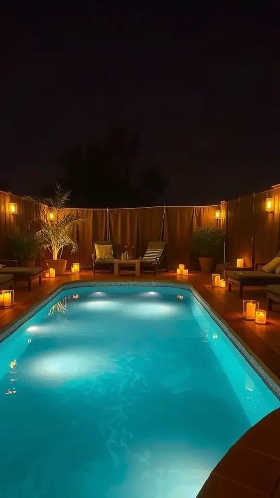 A lit swimming pool at night surrounded by candles and lounge chairs, within a privacy fence adorned with potted plants.