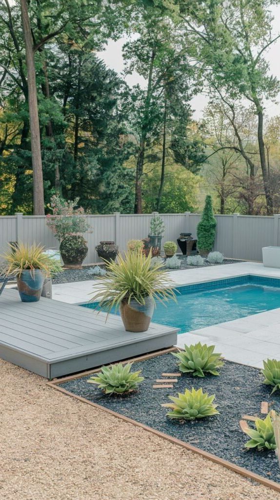 A rectangular pool with light grey coping is next to a grey wooden deck. The surrounding area features light-colored gravel, black mulch with agave plants, and various potted plants on the deck and near a fence. Trees are visible in the background.