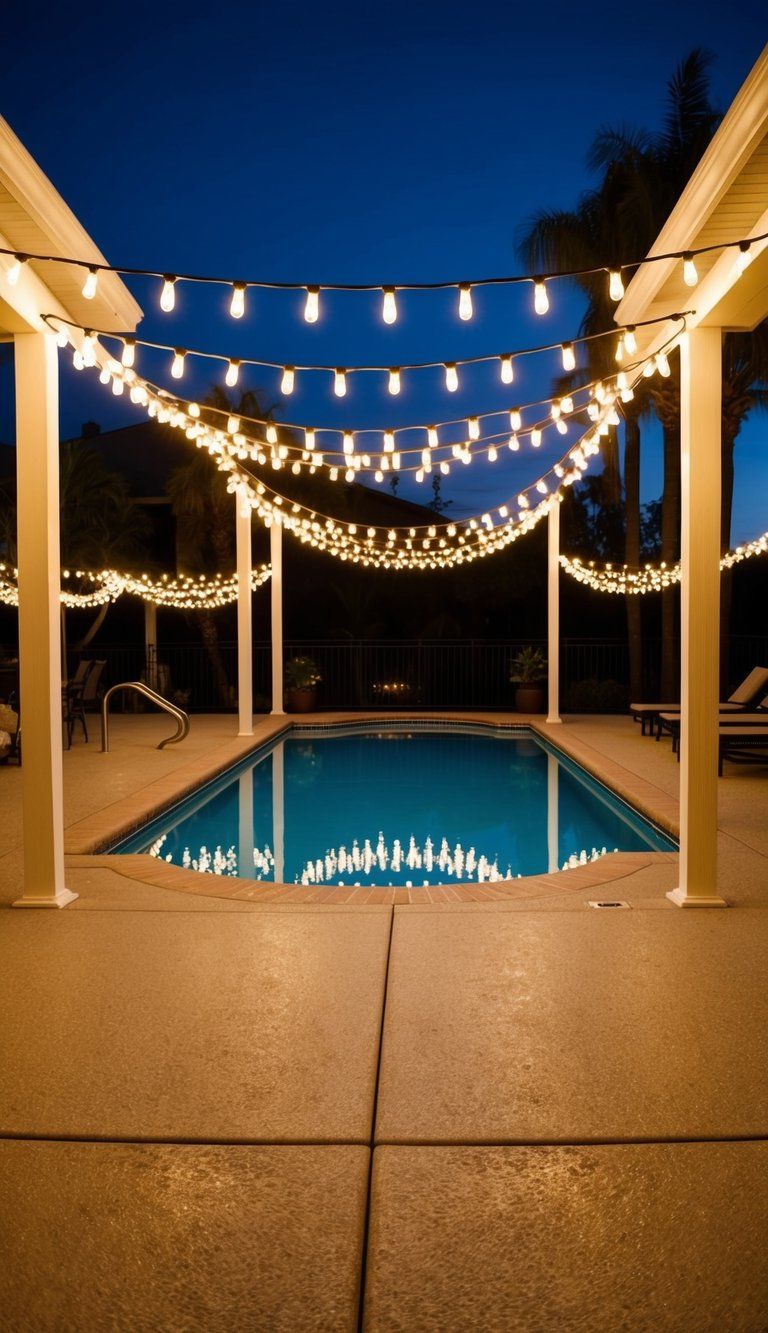 17 Creative Decorating Ideas 5 Twinkling lights draped around a pool deck, casting a warm glow for evening ambiance