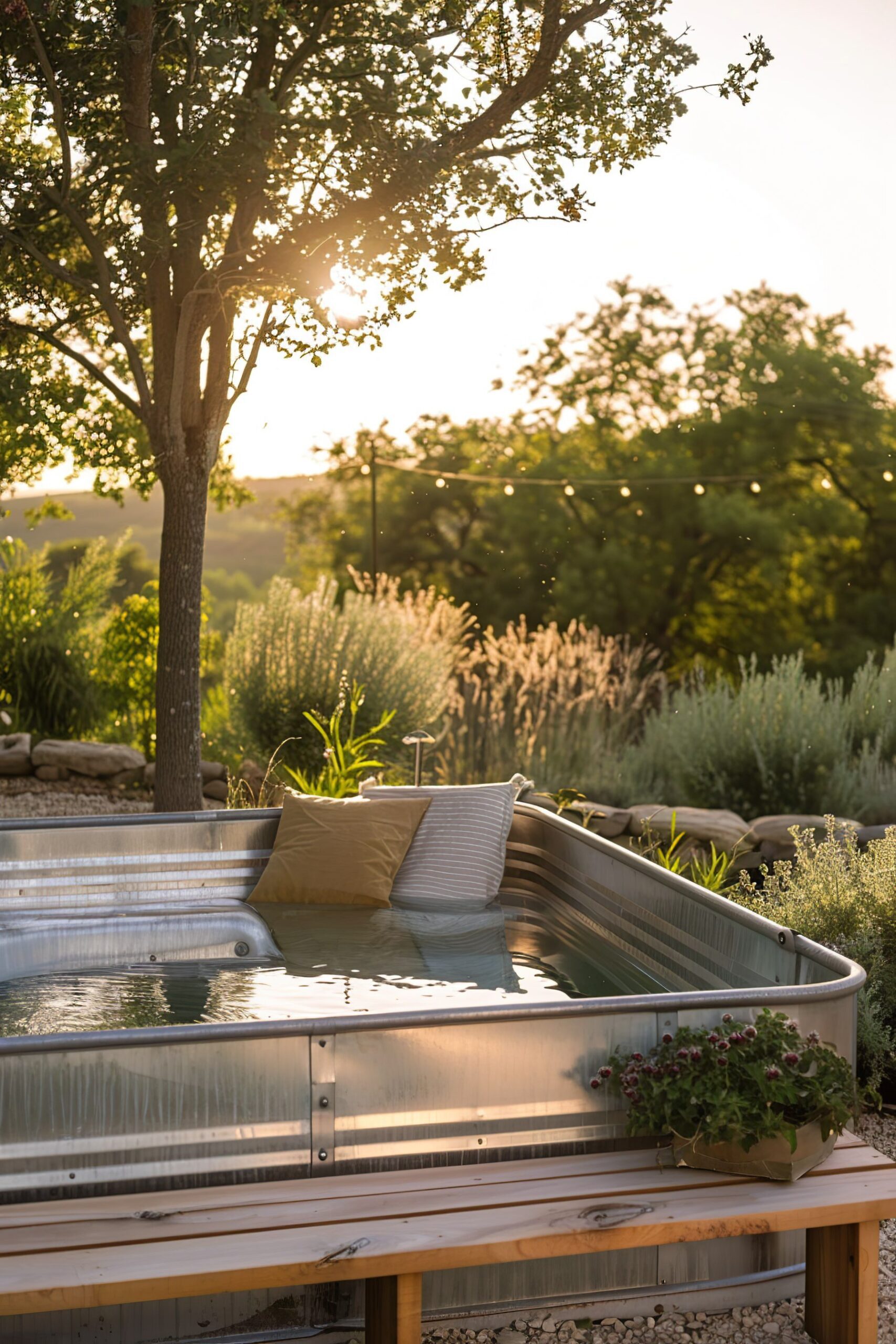 10 Dreamy Stock Tank Pool Bench Ideas 75 ALT: An outdoor bathtub surrounded by peaceful greenery and string lights, with the warm glow of a sunset in the background.