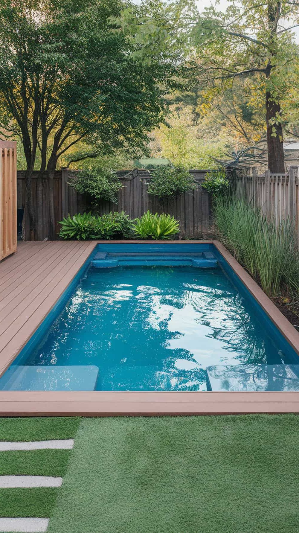 A stock tank pool surrounded by a wooden deck and green plants.