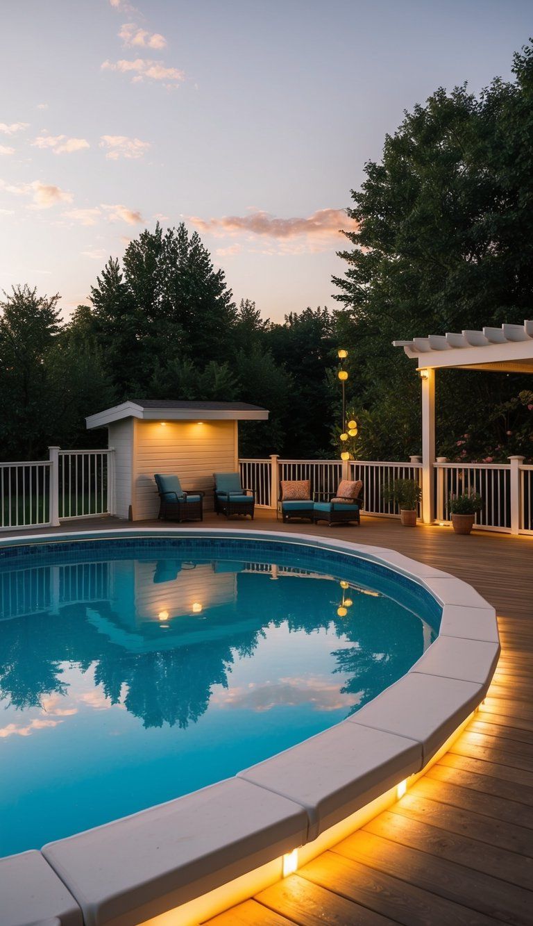 24 Inspiring Pool Deck Designs 10 A pool deck with built-in lighting surrounds an above ground pool, creating a warm and inviting atmosphere for evening relaxation and entertainment