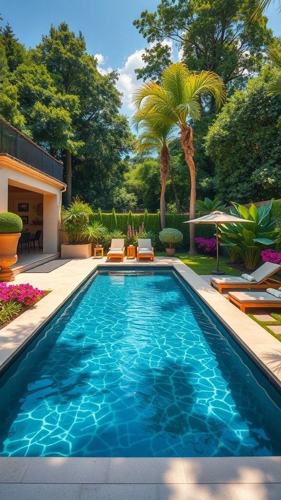 A stylish rectangular swimming pool surrounded by lush greenery and lounge chairs.