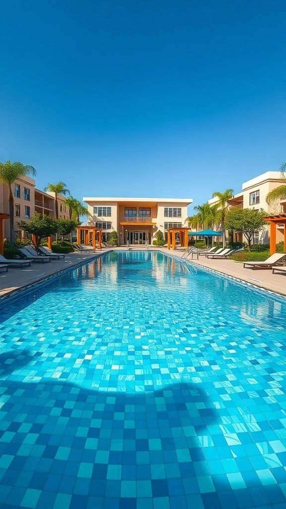A beautiful community swimming pool with vibrant blue tiles and shaded areas, surrounded by greenery.