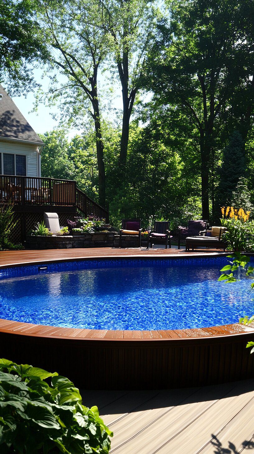 20+ Unique Above Ground Pool Ideas 2025 6 A beautiful backyard featuring an above-ground pool with a wooden deck, surrounded by a lush landscape of various plants and flowers. Large trees provide shade, adding a sense of serenity, while a house and wooden fence are visible in the background.