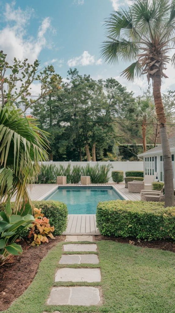 A rectangular pool with a wooden deck surround is viewed from a grassy area with stepping stones. The pool is bordered by hedges and features outdoor furniture on the deck. Palm trees are visible in the foreground and background, and a white structure is to the left.