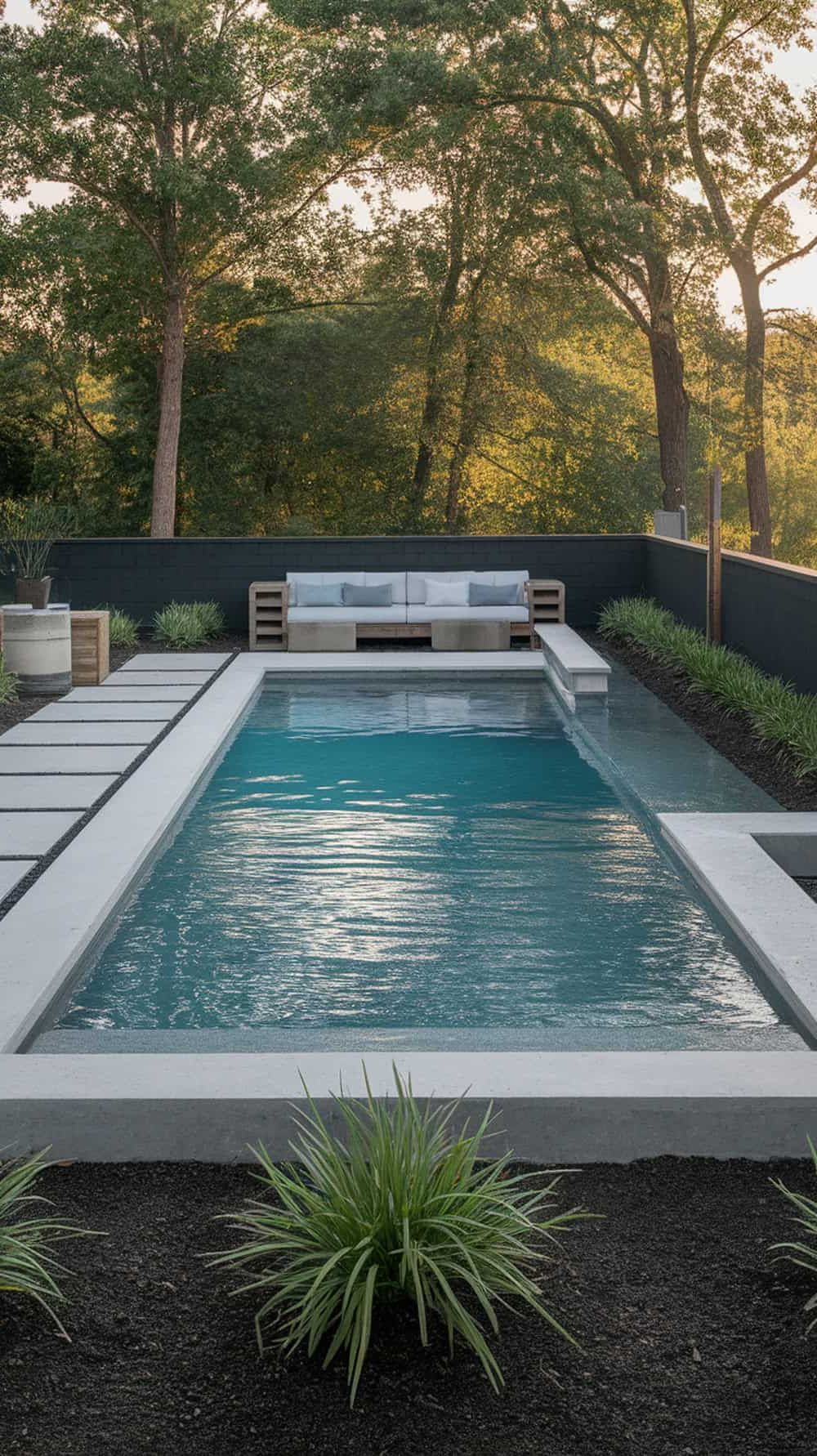 Modern concrete basin pool in a small yard with seating and plants.