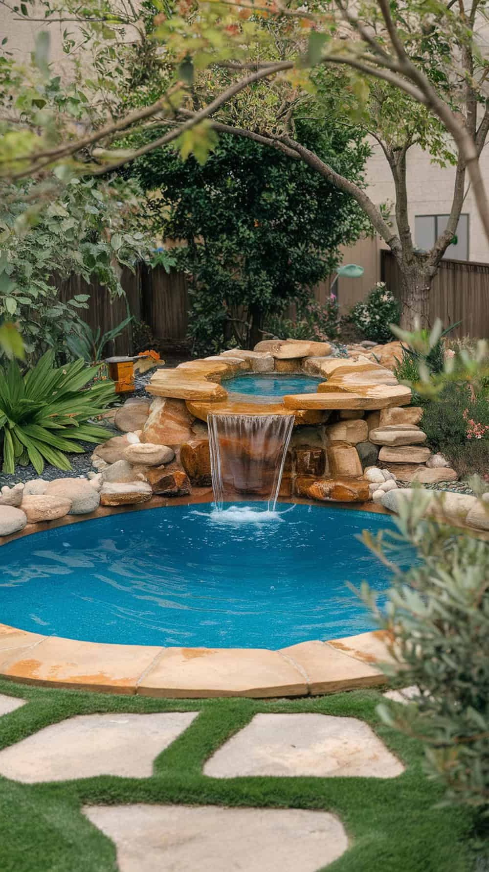 A small pool with a waterfall feature surrounded by rocks and plants.