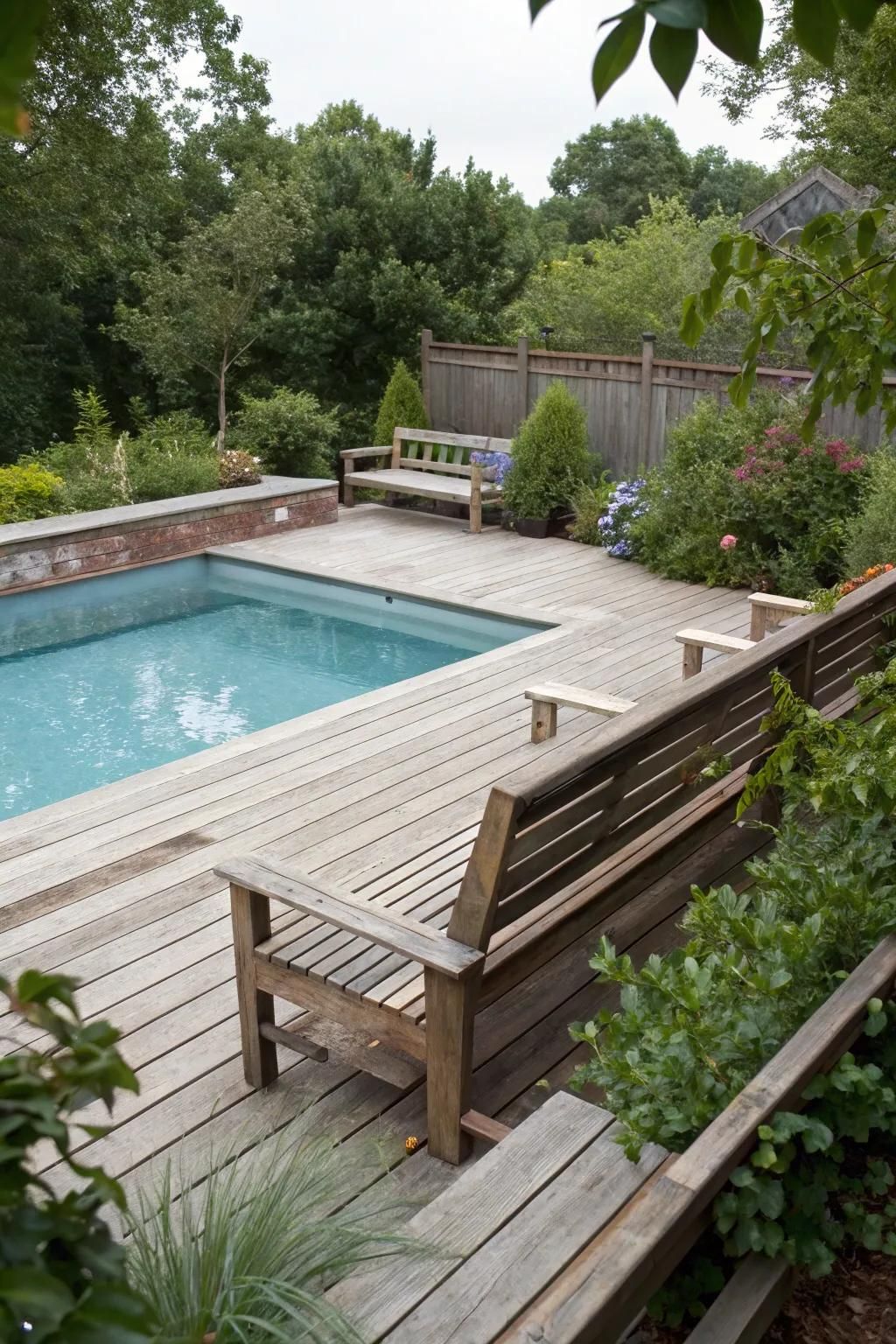 Built-in benches provide style and functionality to your pool deck.