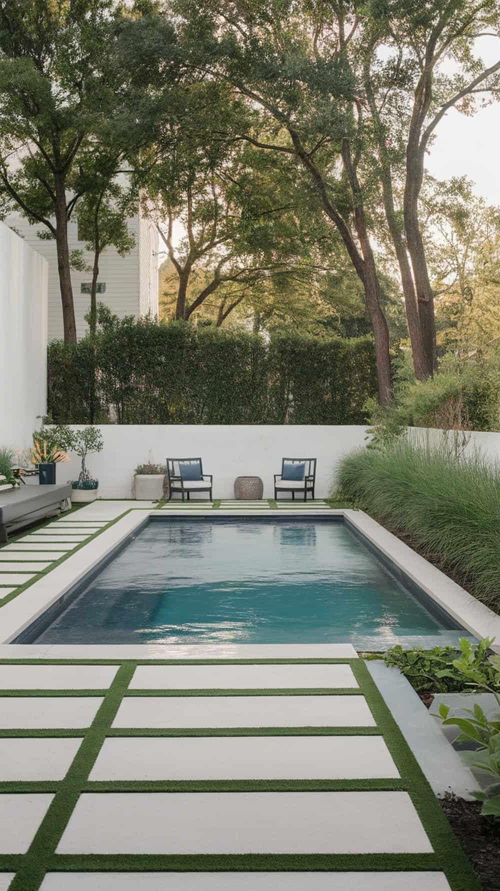 A modern square pool with floating steps, surrounded by greenery and a stylish patio.