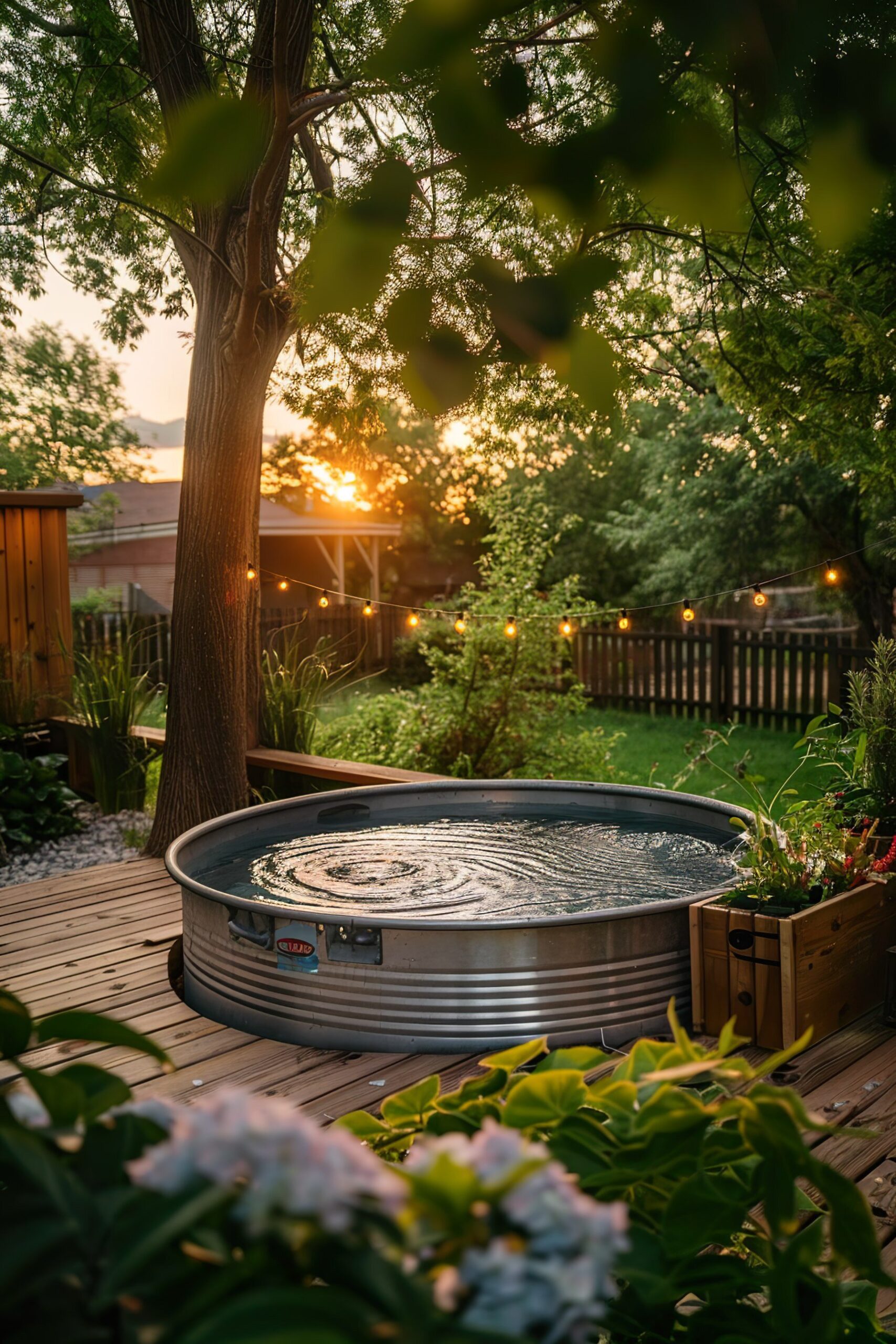 10 Dreamy Stock Tank Pool Bench Ideas 19 A serene backyard at sunset featuring a hot tub, string lights, lush greenery, and a wooden deck.